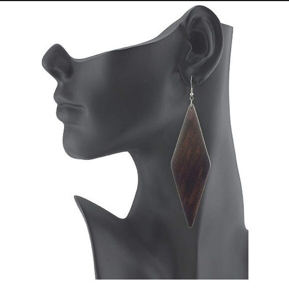 Brand New!! Diamond Long Wooden Drop Earrings! - Picture 2 of 3